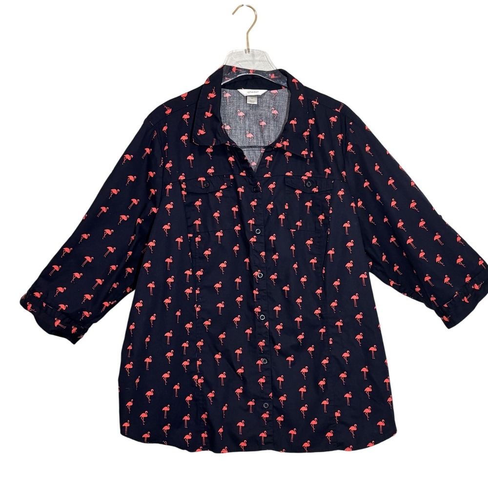 CJ Banks Womens 3X Flamingo Print Button‎ Down Shirt Navy Pink 3/4 Sleeve Top